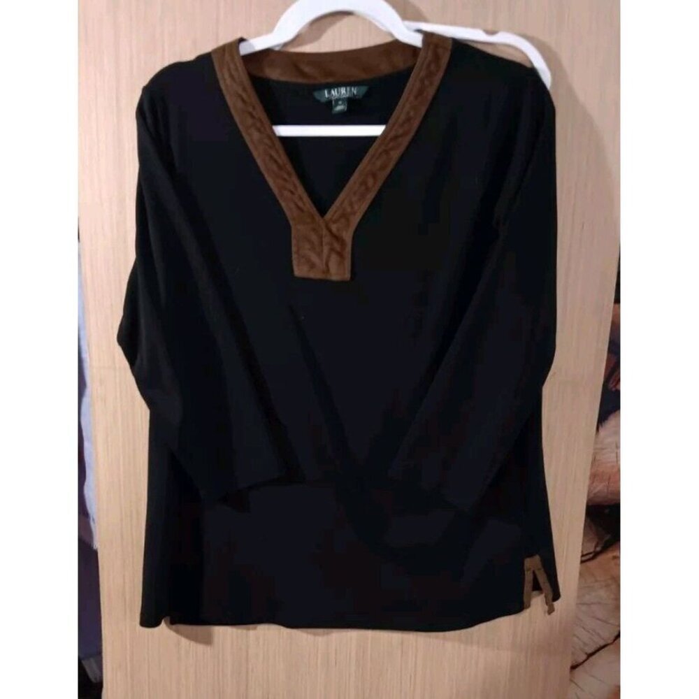 Lauren Ralph Lauren (1X) Tunic Top‎ Black Stretchy Brown Faux Suede Trim Women’s